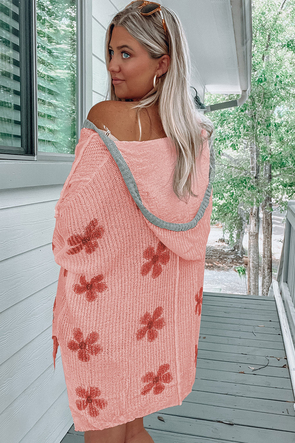 Floral Print Lightweight Knit Hooded Sweater-yoyobikini
