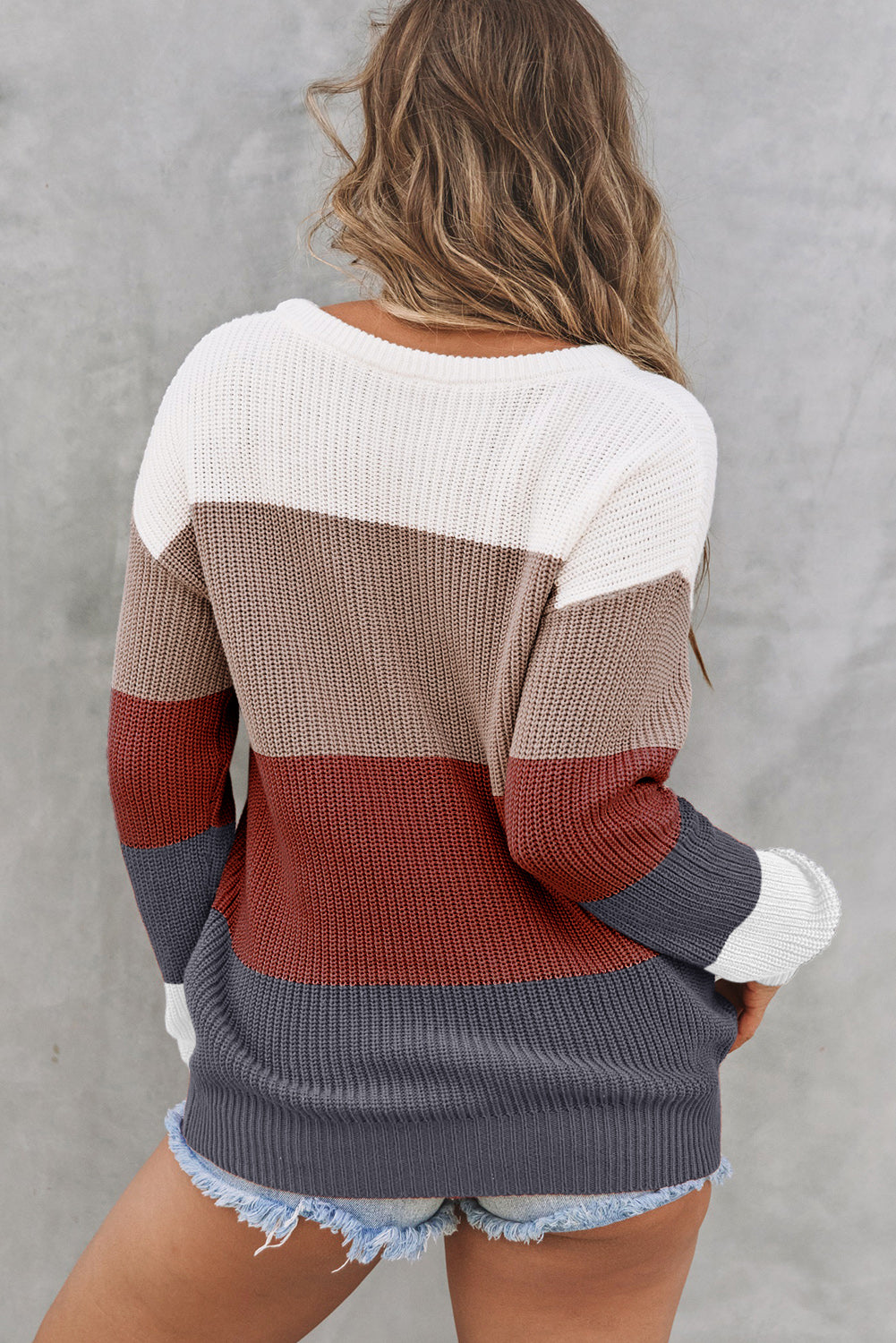 Color Block Knitted O-neck Pullover Sweater-yoyobikini