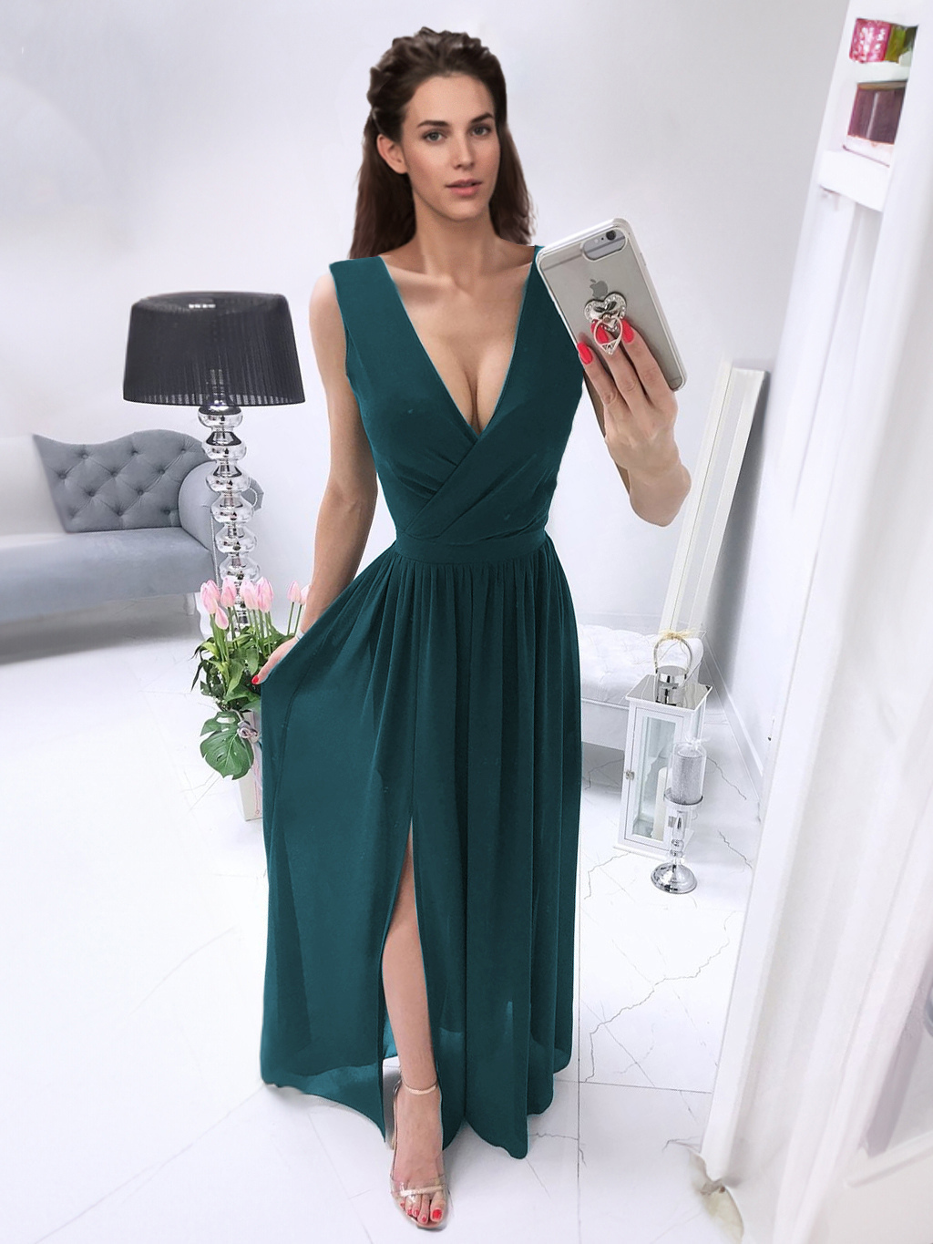 Party Dresses Burgundy V-Neck Sleeveless Long Semi Formal Dress