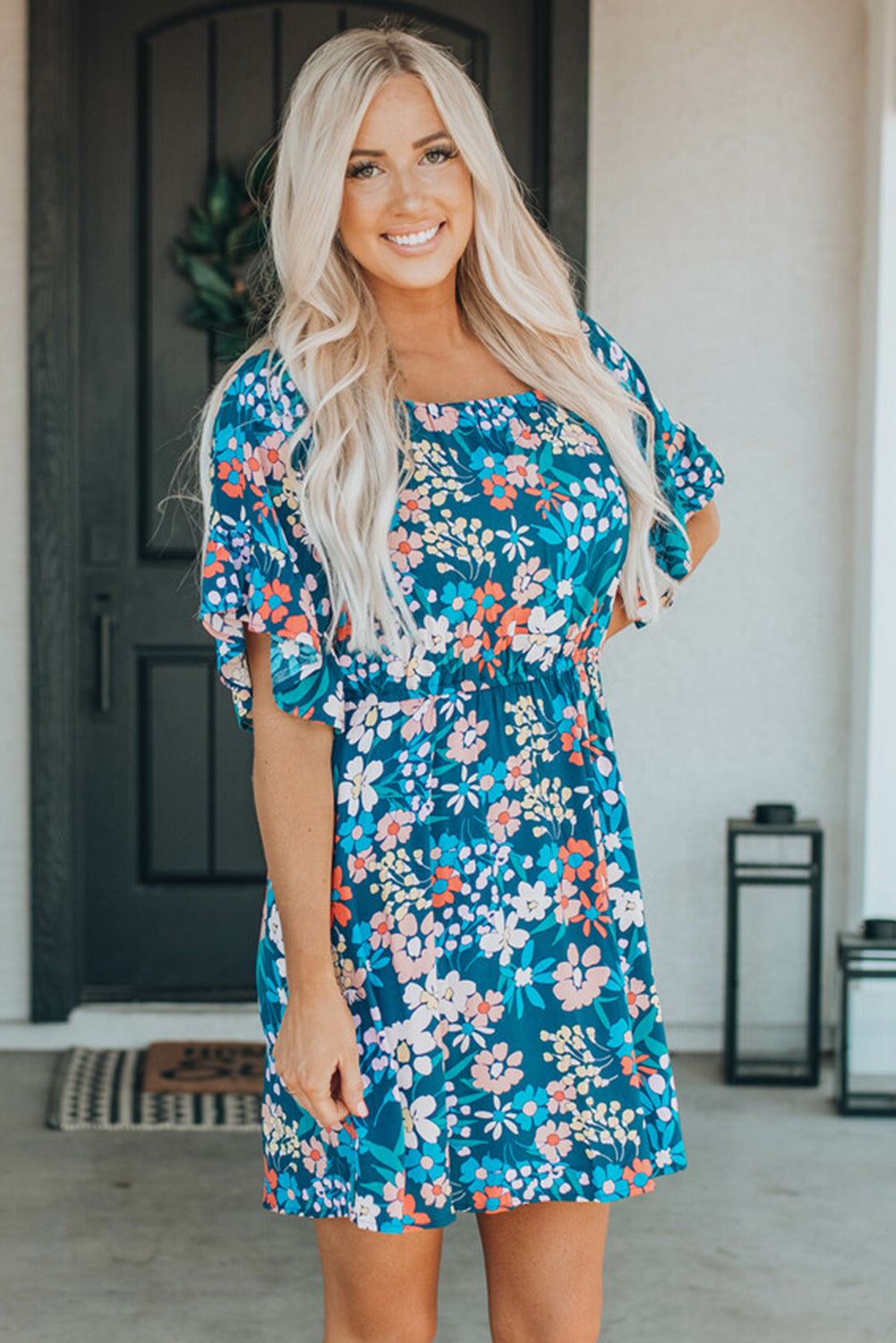 Blue Square Neck Ruffle Floral Dress-yoyobikini
