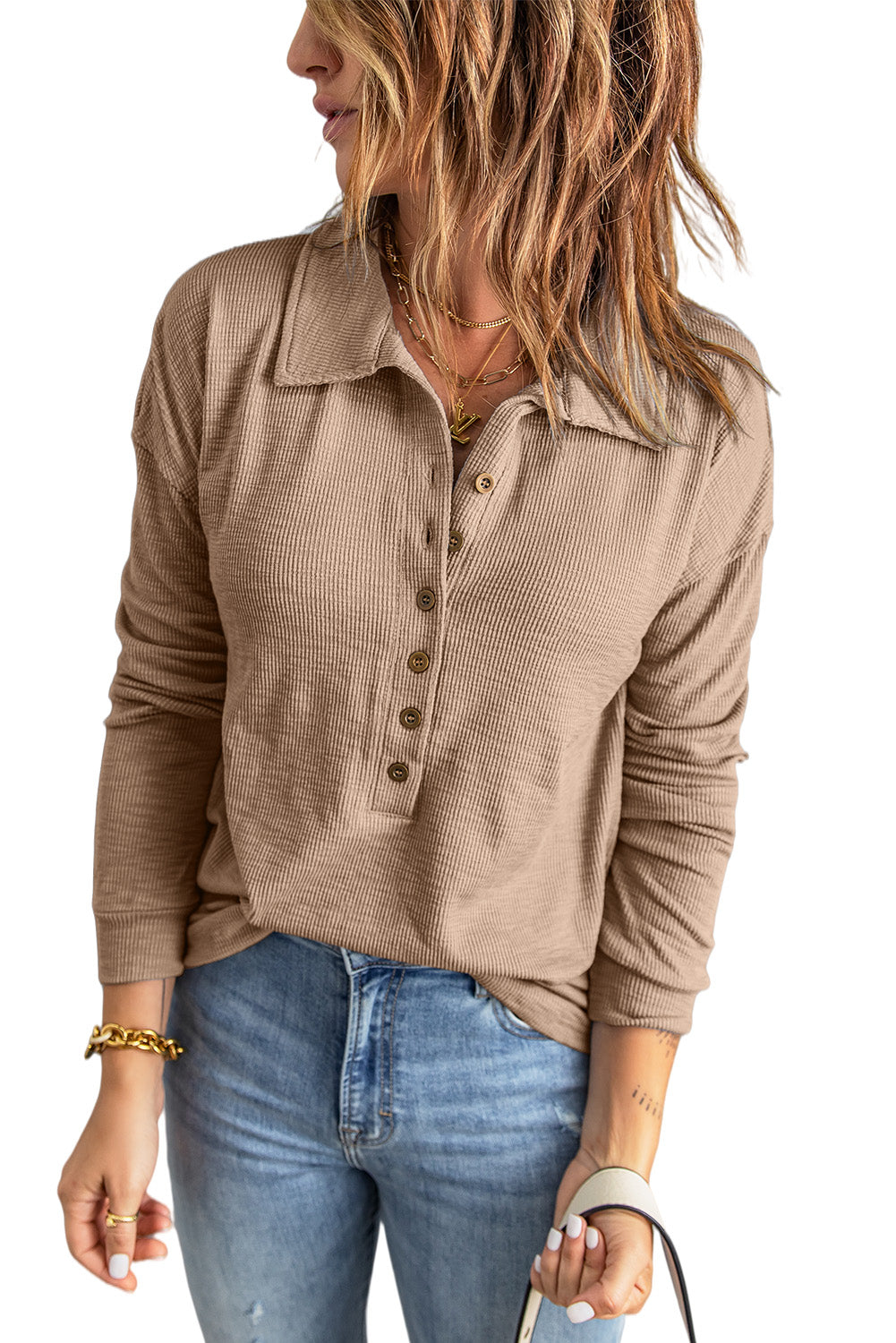 Khaki Button Front Turn-down Neck Knit Top-yoyobikini