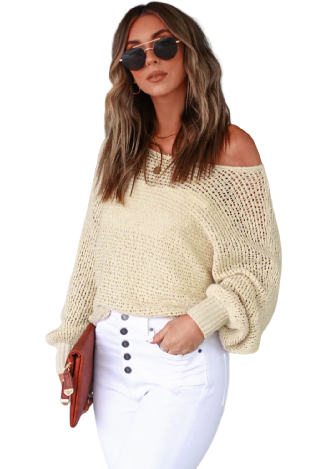Apricot Sheer Openwork Knit Sweater-yoyobikini