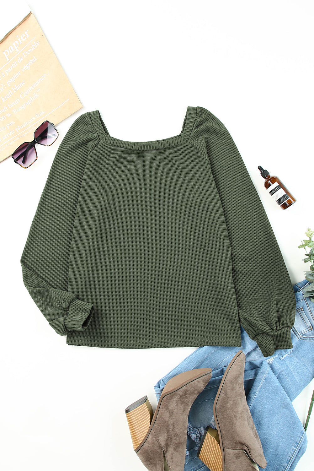 Green Scoop Neck Puff Sleeve Waffle Knit Top-yoyobikini