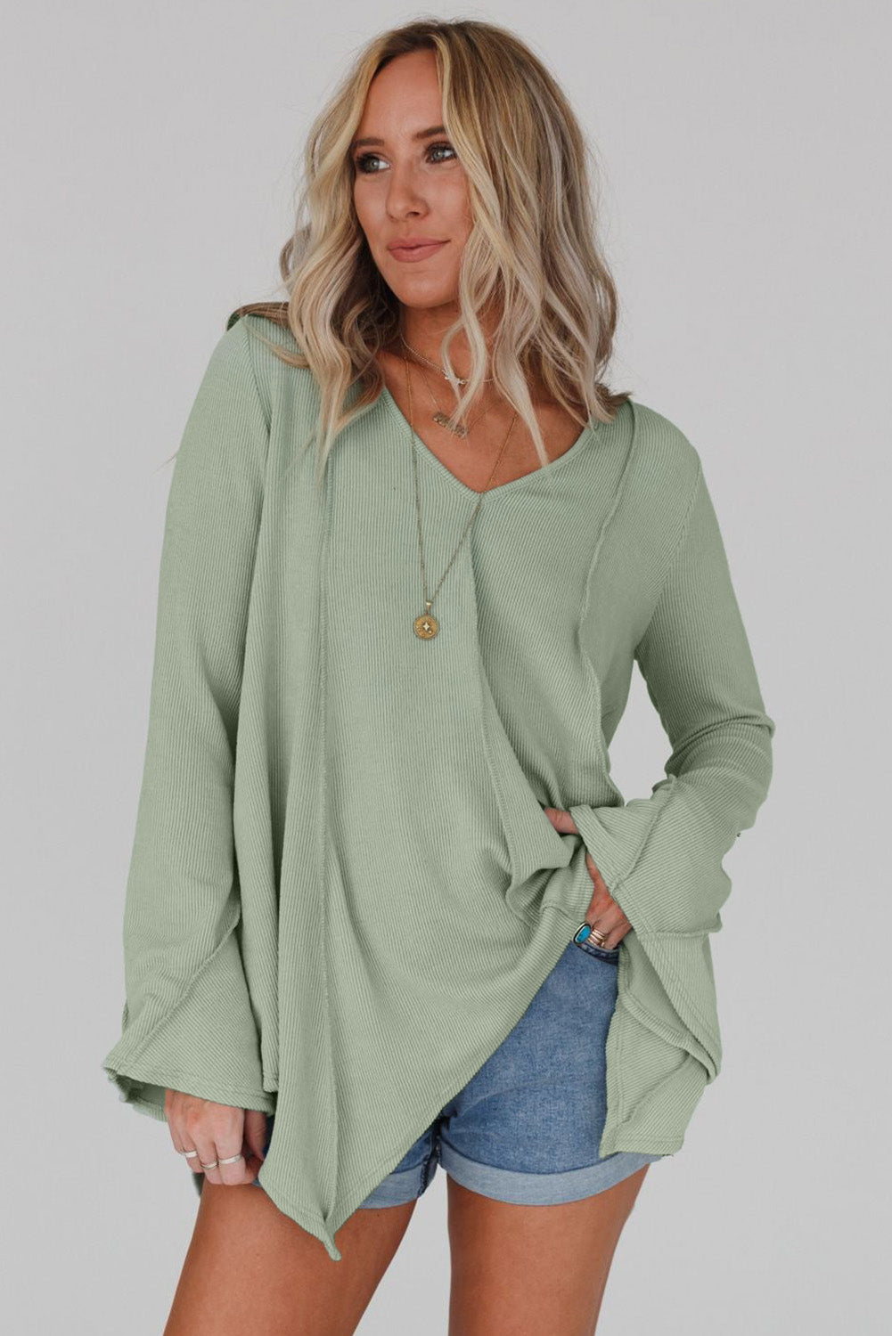 Green Ribbed Expose Seam Bell Sleeve Top-yoyobikini