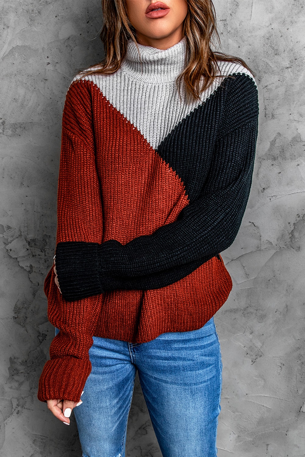 Black Color Block Drop Shoulder Turtleneck Sweater-yoyobikini