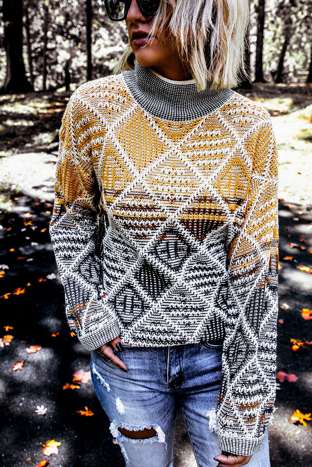 High Neck Geometric Colorblock Sweater-yoyobikini