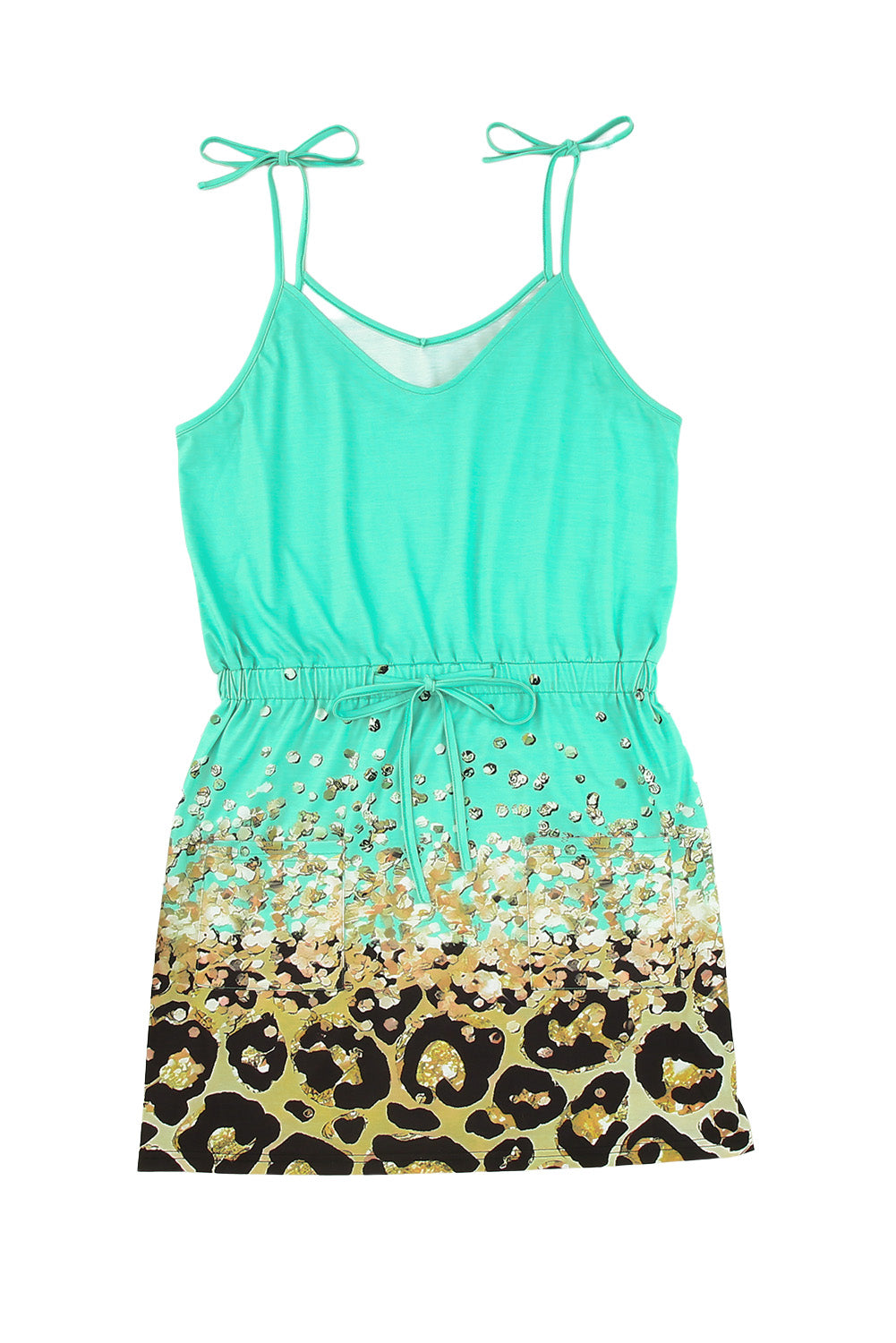 Green Shiny Leopard Print Drawstring Strappy Dress-yoyobikini