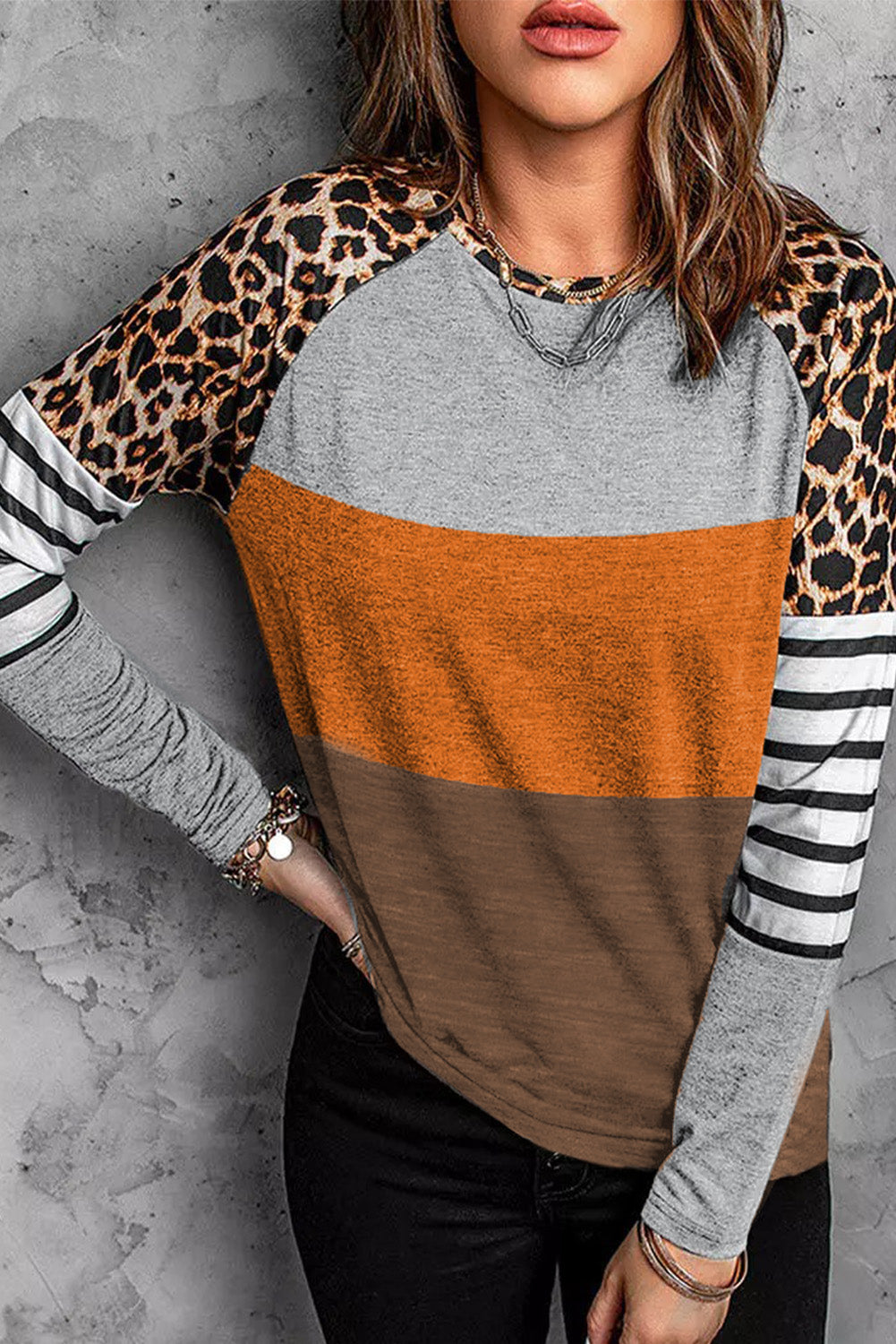 Gray Leopard Striped Color Block Long Sleeve Blouse-yoyobikini
