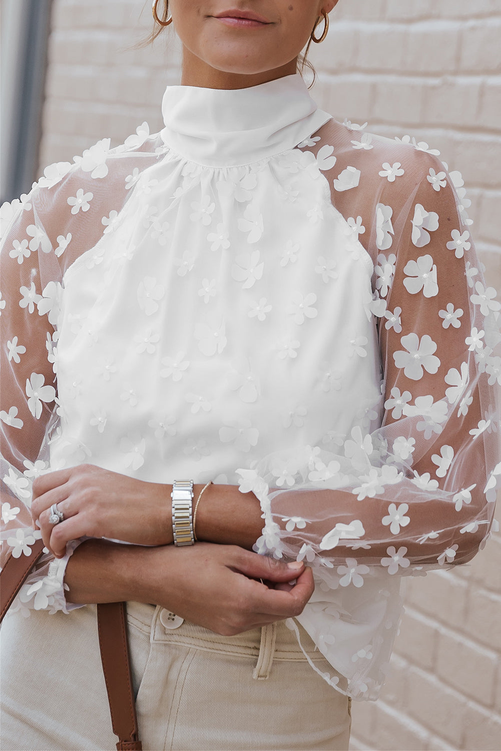 White Mock Neck Floral Mesh Long Sleeve Top-yoyobikini