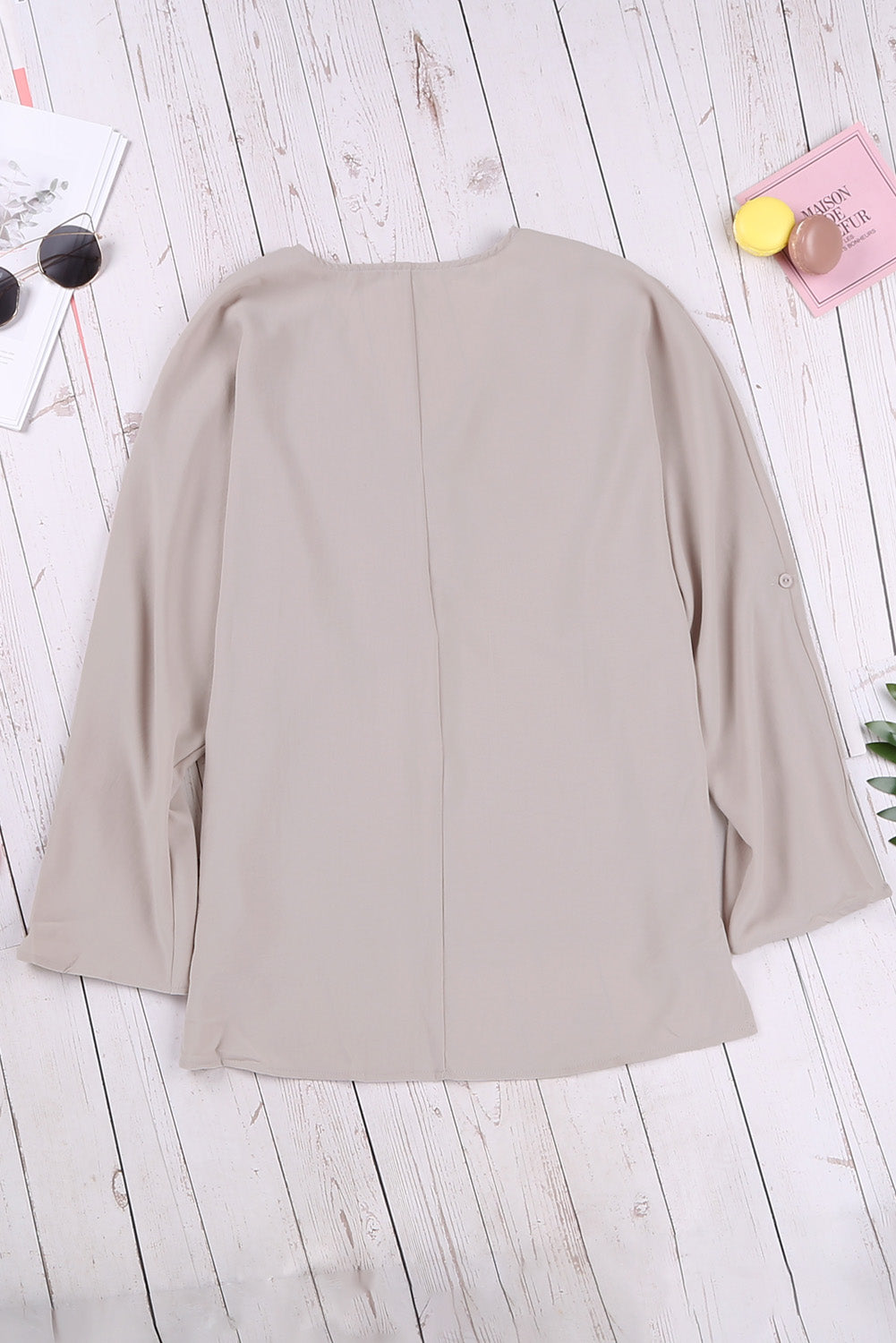 Apricot V Neck 3/4 Sleeve High Low Hem Shirt-yoyobikini
