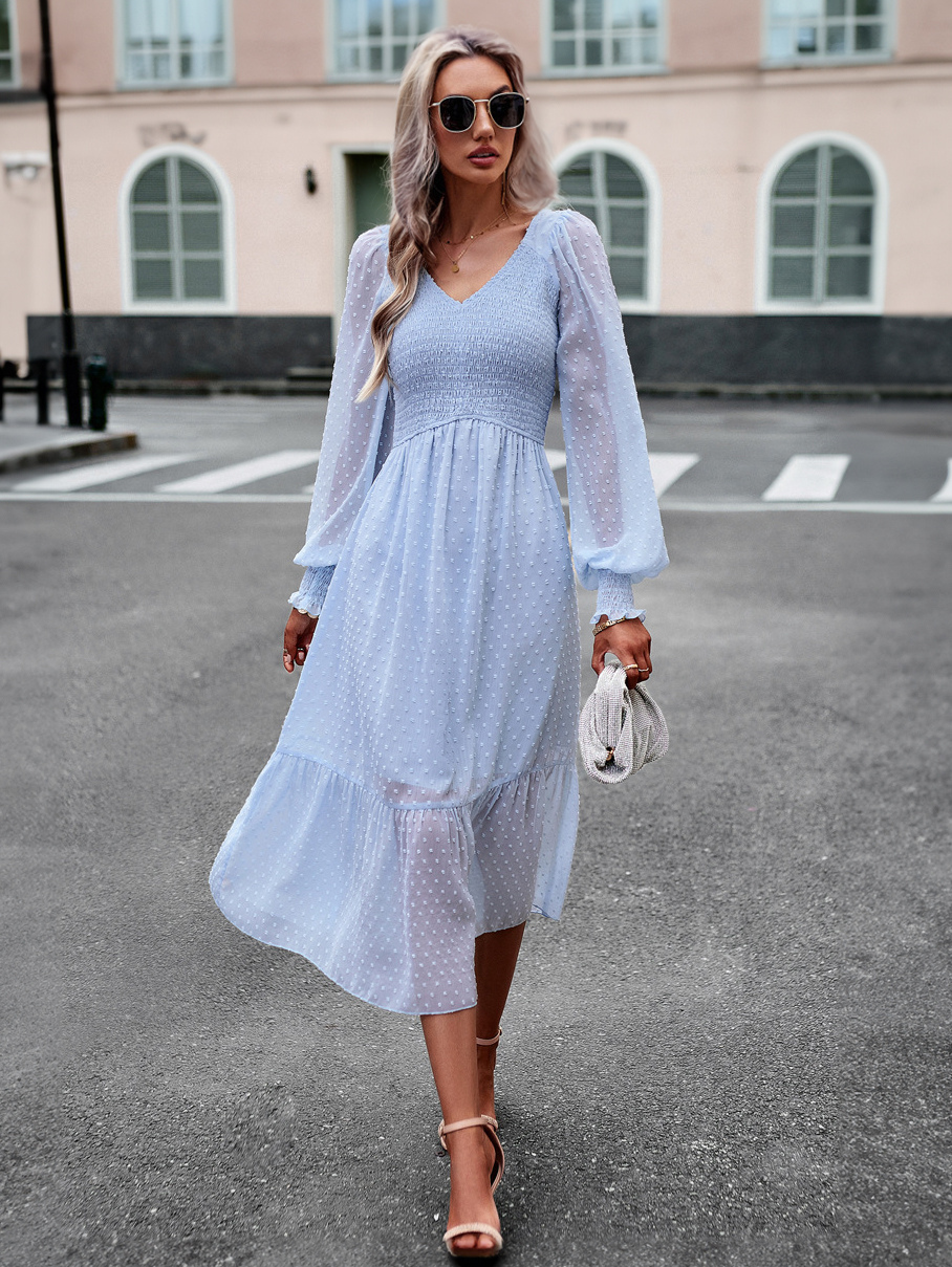 Midi Dress Layered V-Neck Long Sleeves Fall Dresses