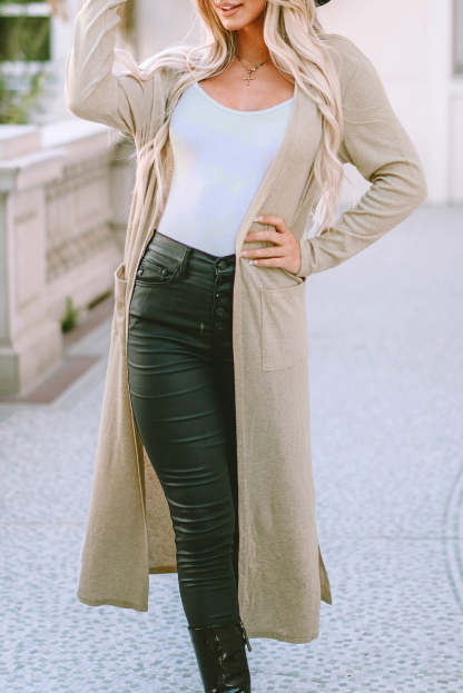 Apricot Open Front Pocketed Duster Cardigan with Slits-yoyobikini
