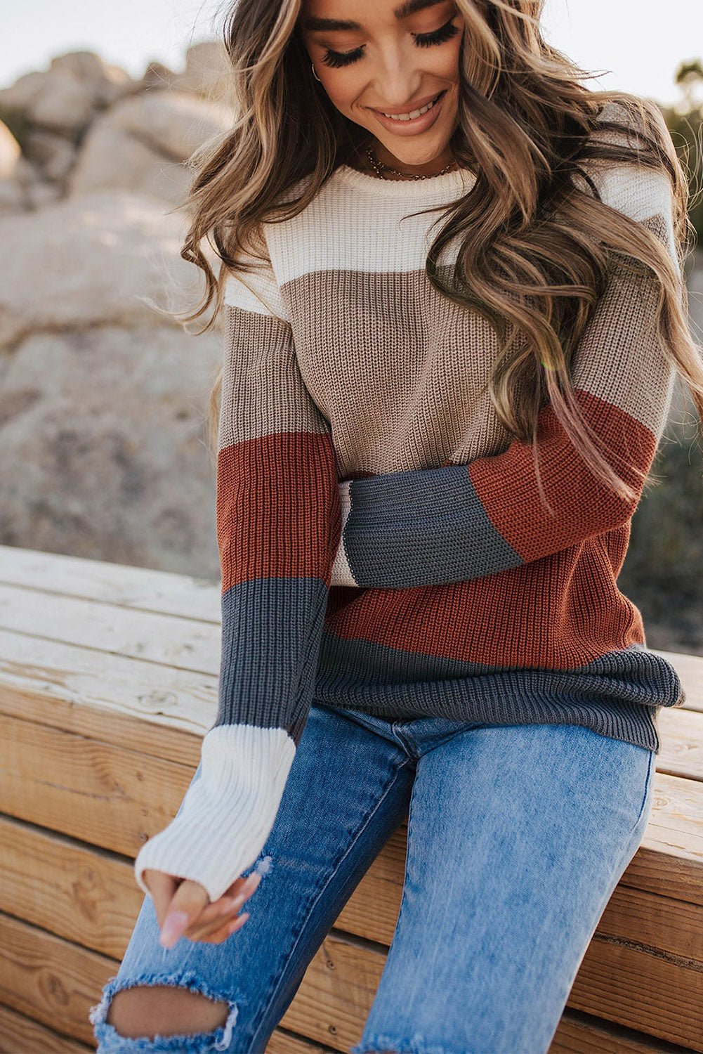 Color Block Knitted O-neck Pullover Sweater-yoyobikini