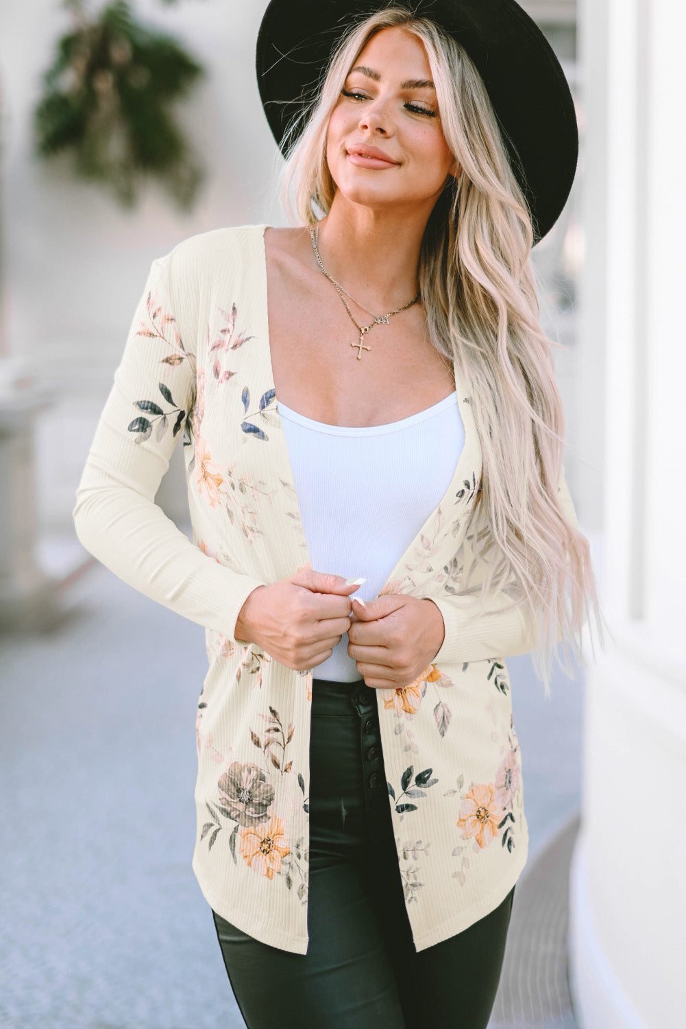Apricot Floral Print Ribbed Knit Slim Fit Cardigan-yoyobikini