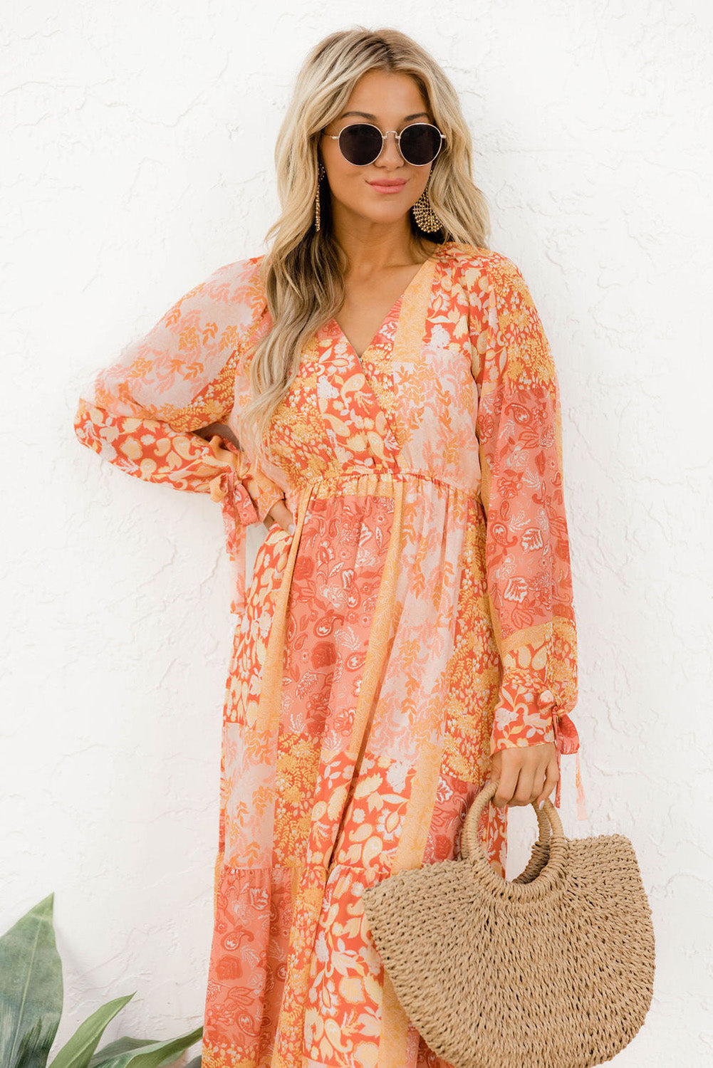 Orange Boho Floral Wrap V Neck Tie Long Sleeve Dress-yoyobikini