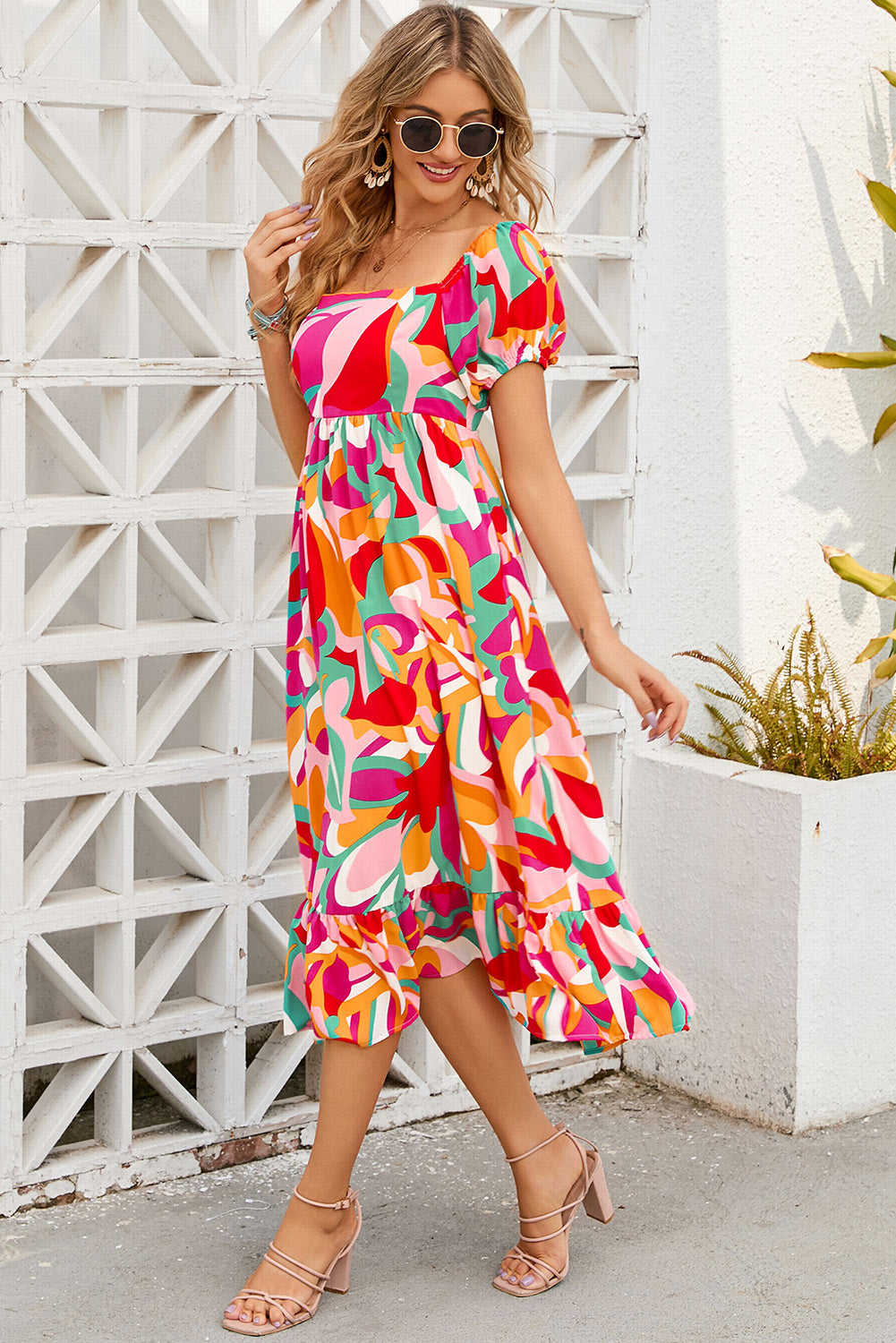 Red Abstract Print Square Neck Flowy Midi Dress-yoyobikini