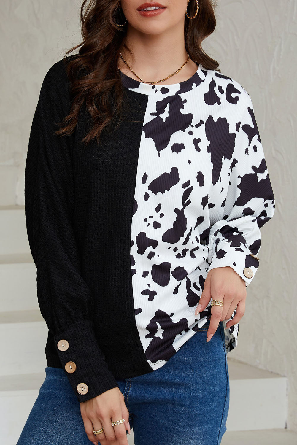 Black Cow Patchwork Waffle Knit Long Sleeve Top-yoyobikini