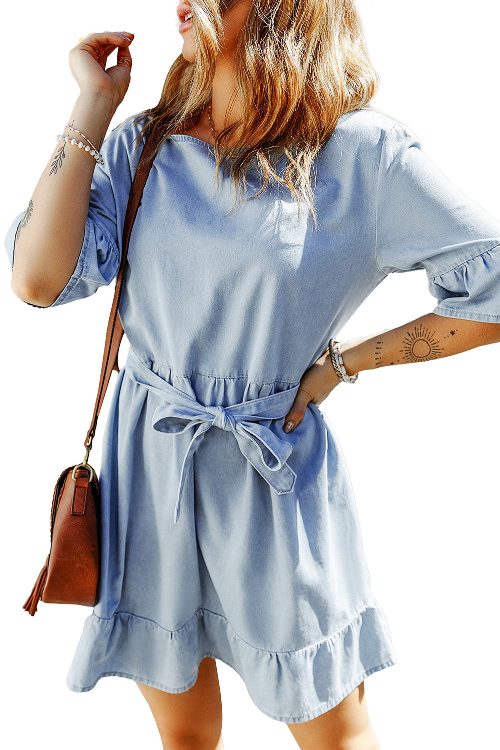 Sky Blue Ruffle Trim Half Sleeve Belted Denim Dress-yoyobikini