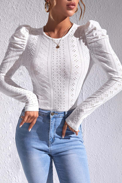 White Jacquard Textured Puff Sleeve O-Neck Top-yoyobikini