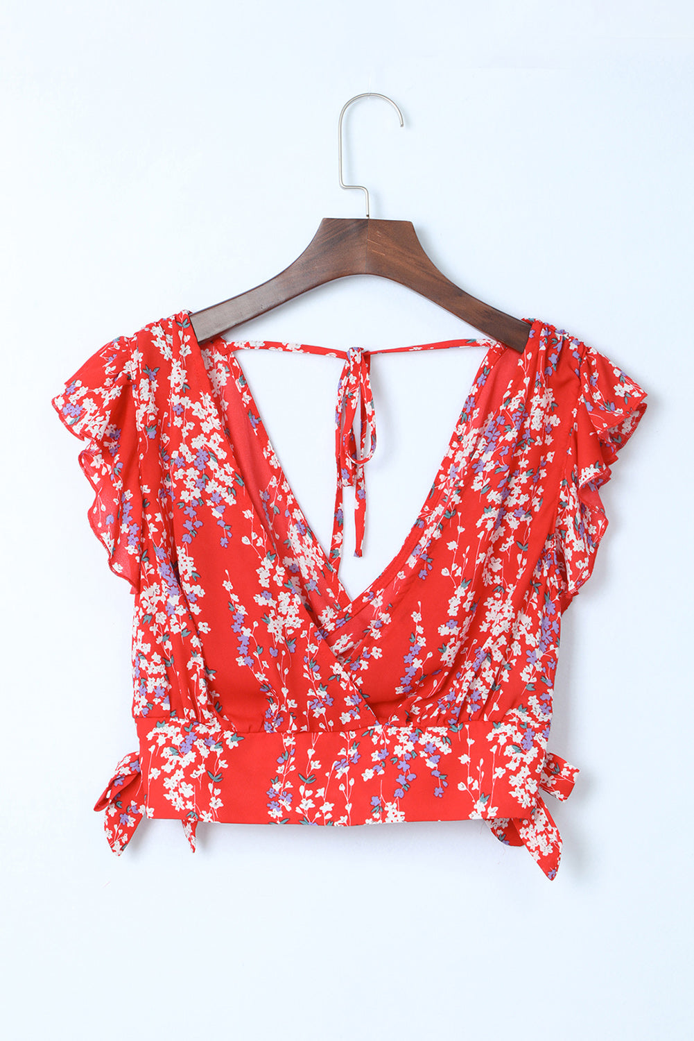 Red Multicolor Floral Ruffled Crop Top and Maxi Skirt Set-yoyobikini