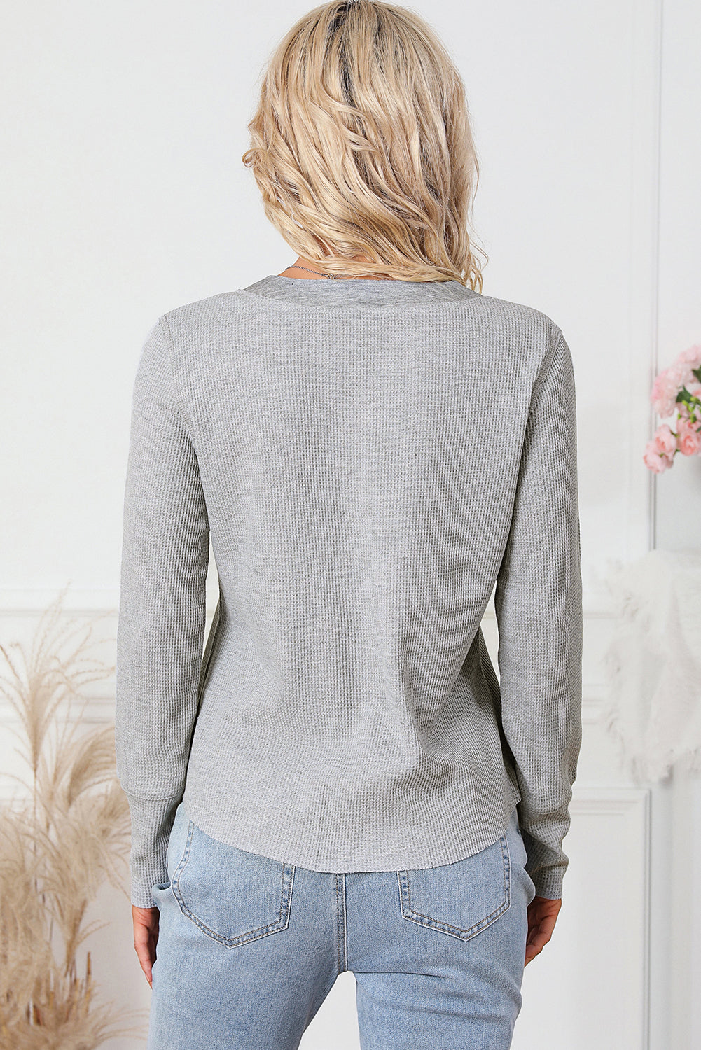 Gray Trimmed Neckline Waffle Knit Henley Top-yoyobikini