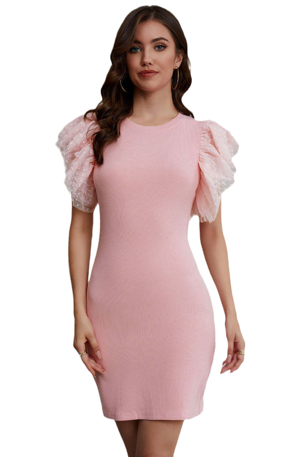 Pink Ruffle Tulle Sleeve Ribbed Knit Bodycon Dress-yoyobikini