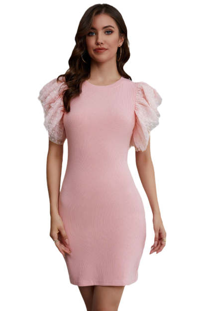 Pink Ruffle Tulle Sleeve Ribbed Knit Bodycon Dress-yoyobikini