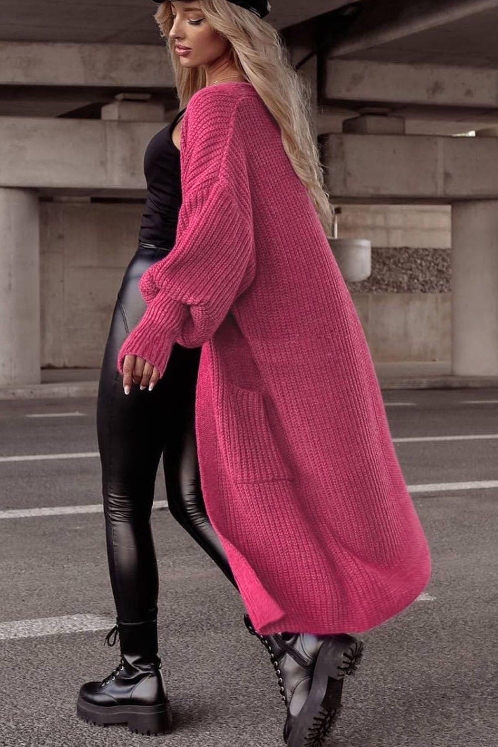 Rose Side Pockets Bubble Sleeve Knitted Cardigan-yoyobikini