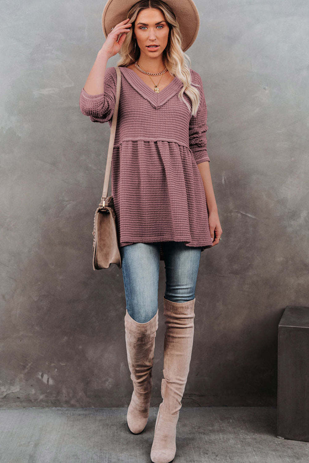 Pink Waffle Knit V Neck Long Sleeve Babydoll Top-yoyobikini