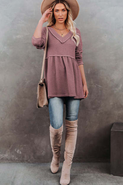 Pink Waffle Knit V Neck Long Sleeve Babydoll Top-yoyobikini