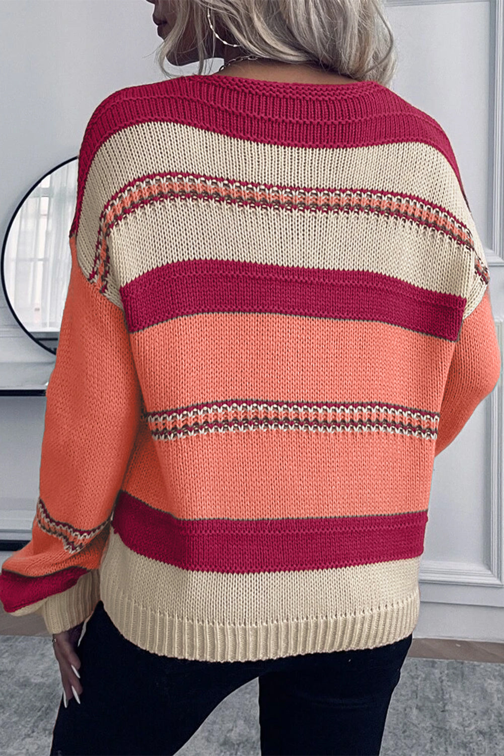 Peach Blossom Striped Pattern Knit V Neck Sweater-yoyobikini