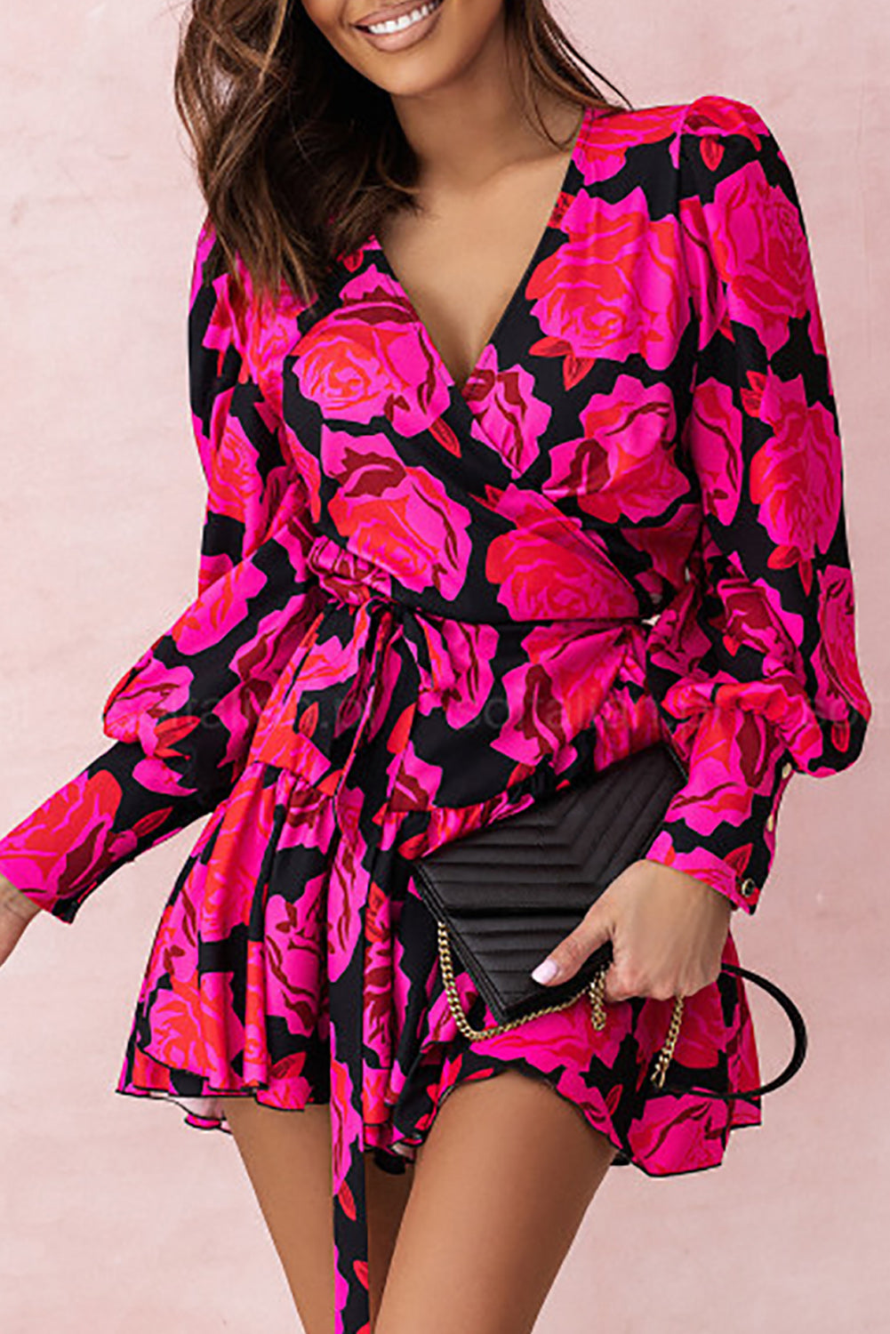 Rose Floral Print V Neck Wrap Bishop Sleeve Ruffle Tiered Mini Dress-yoyobikini