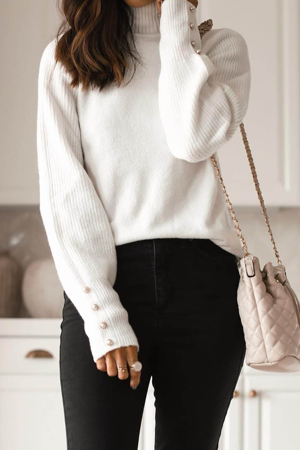 White Button Ribbed Puff Sleeve High Neck Sweater-yoyobikini