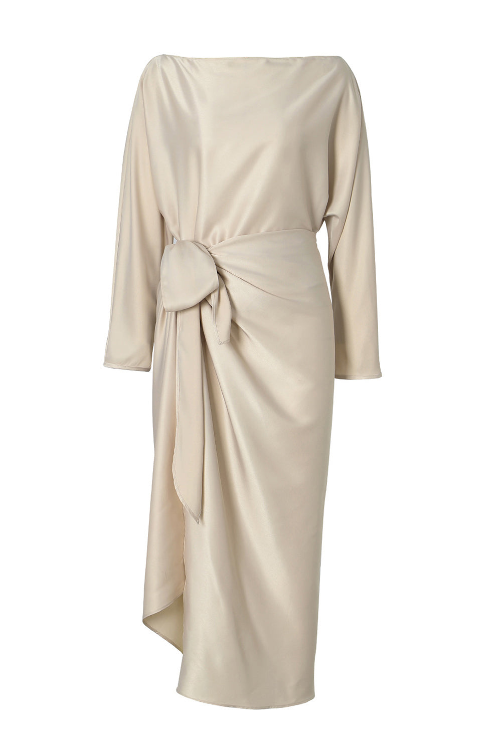 Apricot Satin Wrap Tie Side Boat Neck Long Sleeve Dress-yoyobikini