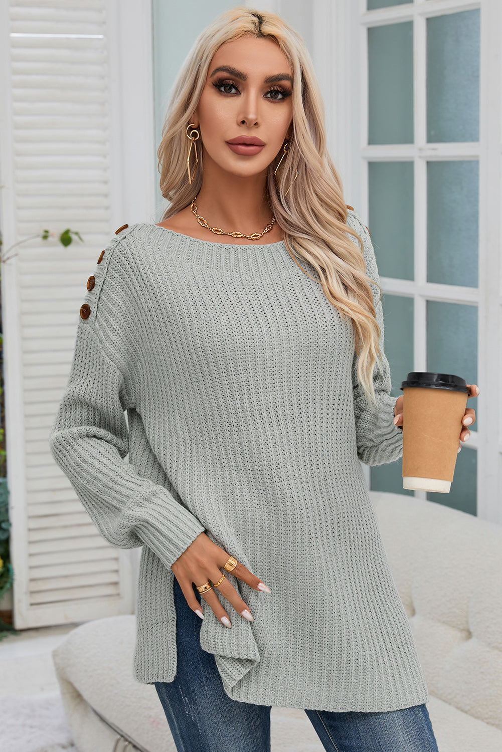 Gray Buttoned Drop Shoulder Oversized Sweater-yoyobikini