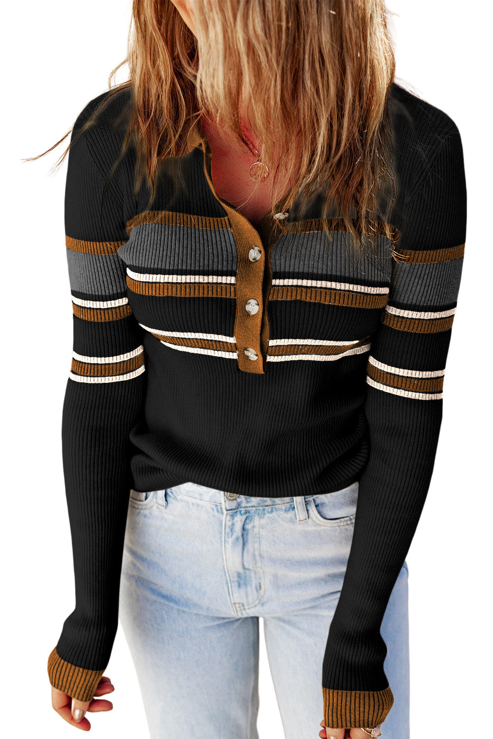 Black Rib Knitted Stripe Detail Henley Sweater-yoyobikini