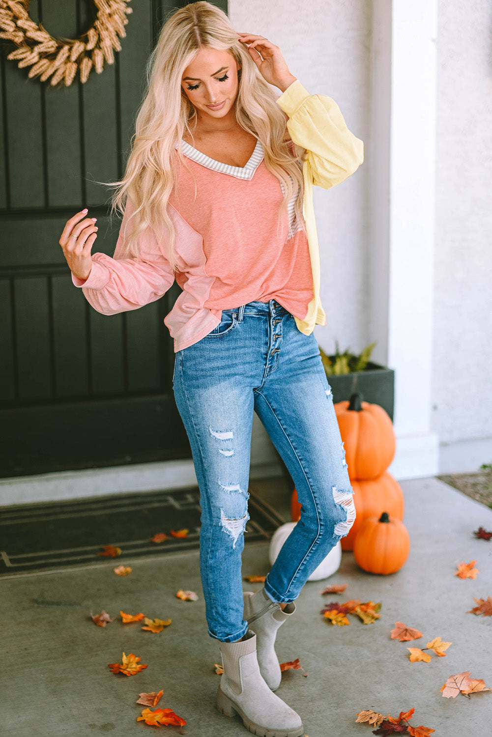Striped Color Block Splicing Long Sleeve T Shirt-yoyobikini