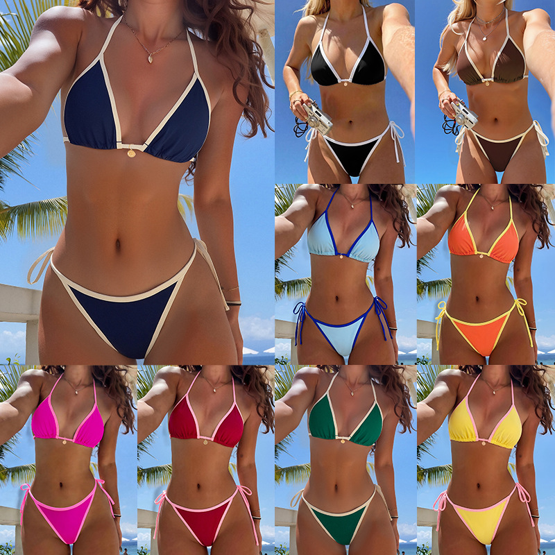 Navy Blue Contrast Binding Triangle Bikini Set | YoYo Bikini