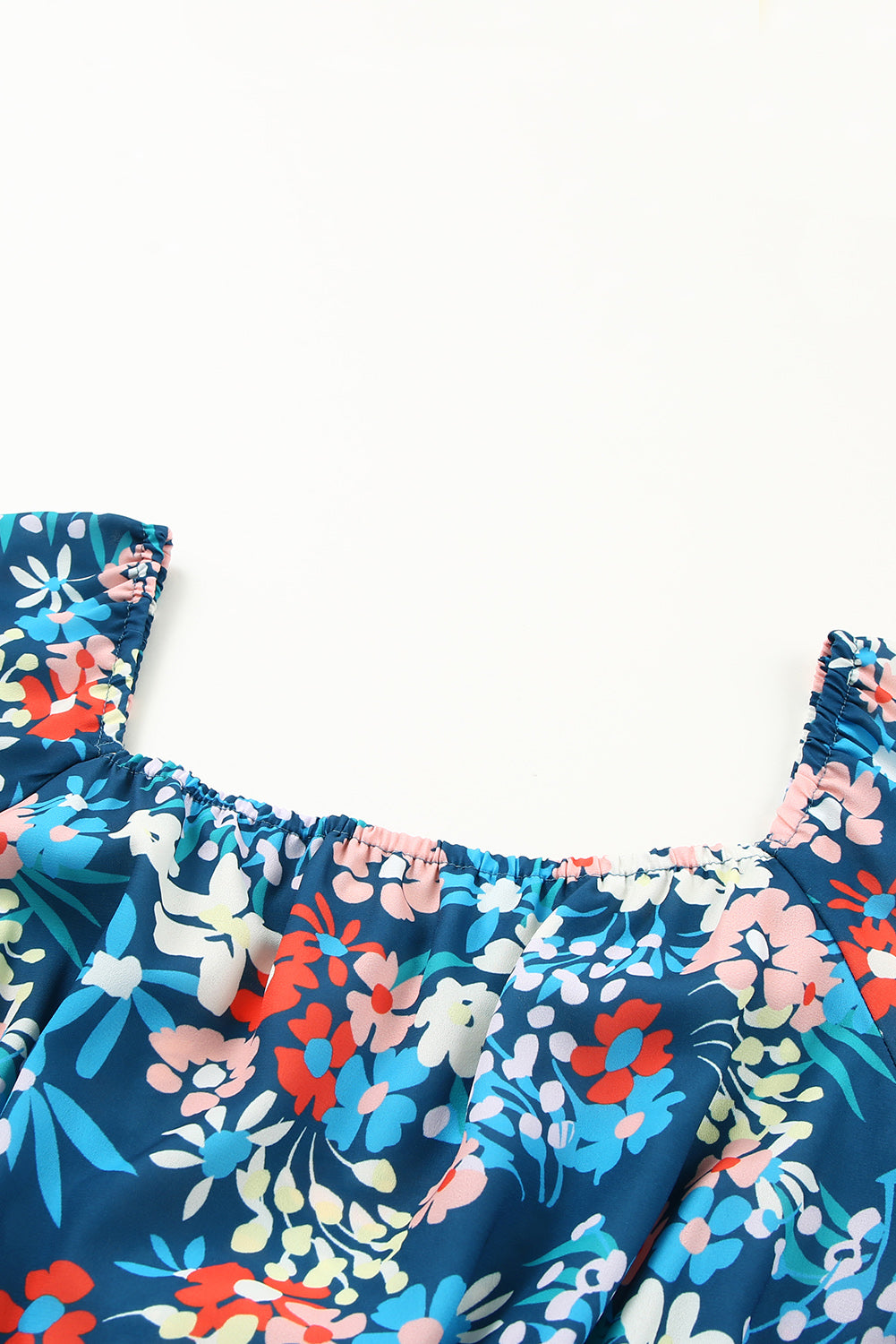 Blue Square Neck Ruffle Floral Dress-yoyobikini