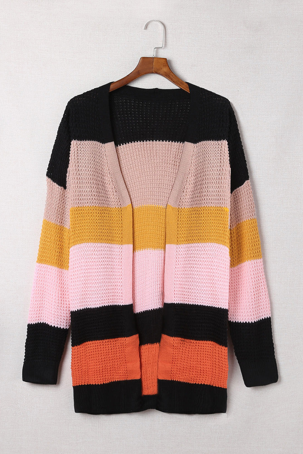 Multicolor Waffle Knit Color Block Open Front Cardigan-yoyobikini