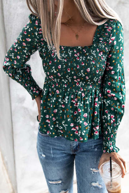 Floral Print Smocked Lace-up Square Neck Long Sleeve Top-yoyobikini