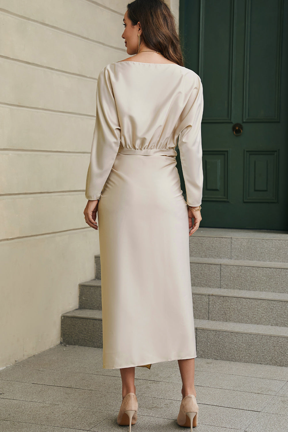 Apricot Satin Wrap Tie Side Boat Neck Long Sleeve Dress-yoyobikini
