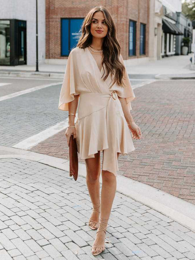 Summer Dresses Khaki V-Neck Beach Mini Dress For Women