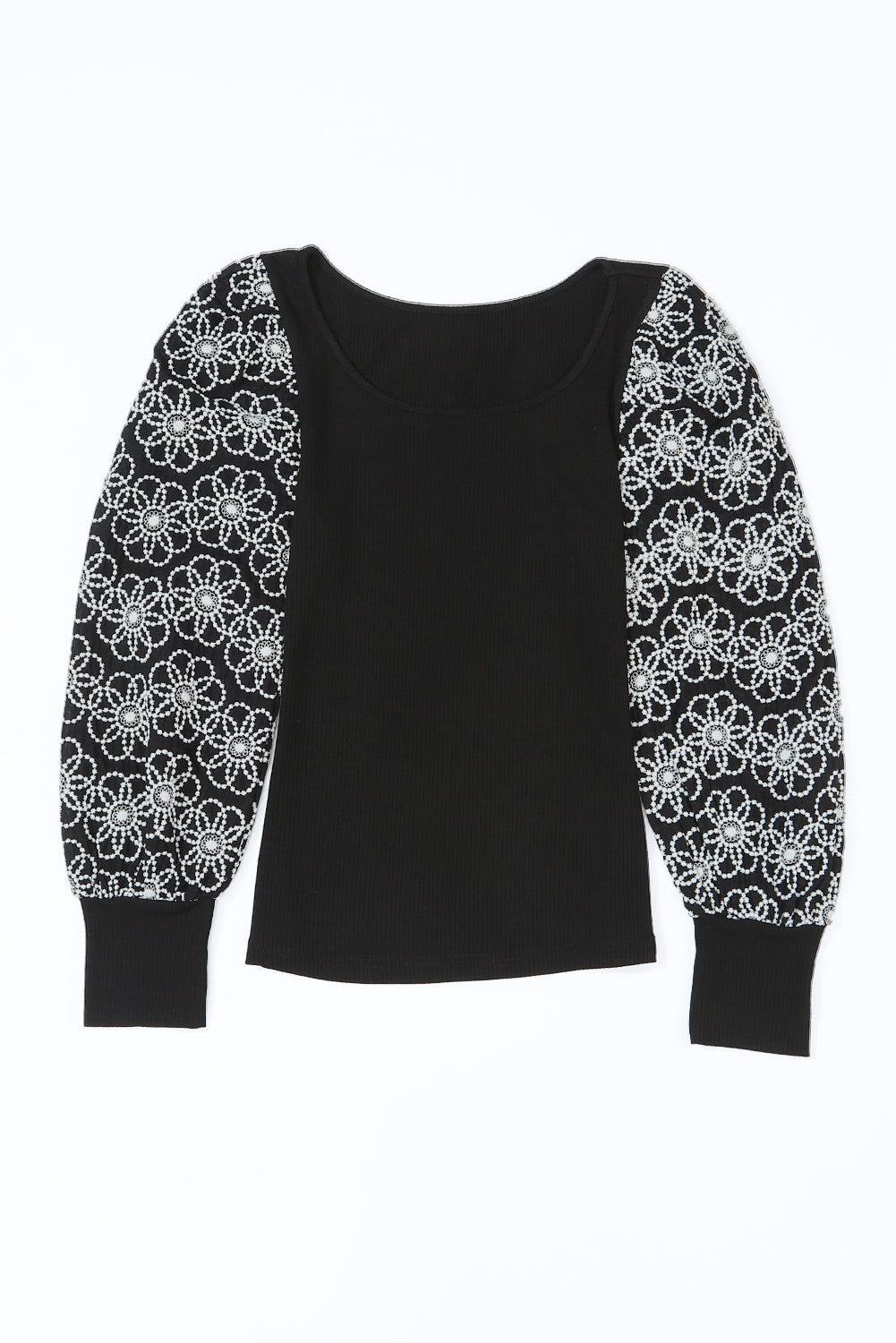 Black Flower Puff Sleeve Ribbed Knit Top-yoyobikini
