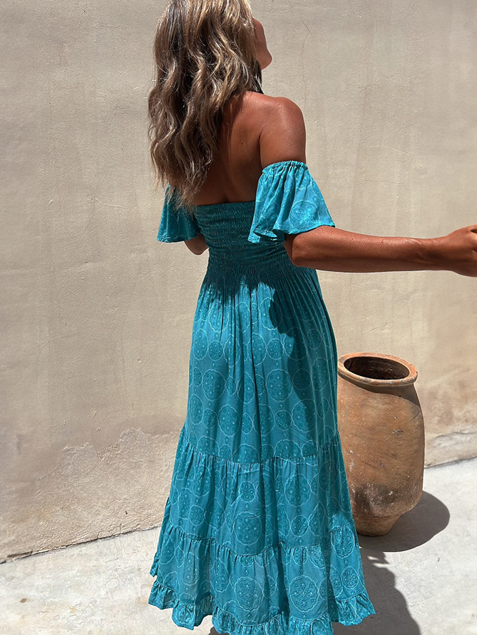 Summer Dress Bateau Neck Pleated Layered Blue Medium Beach Dress