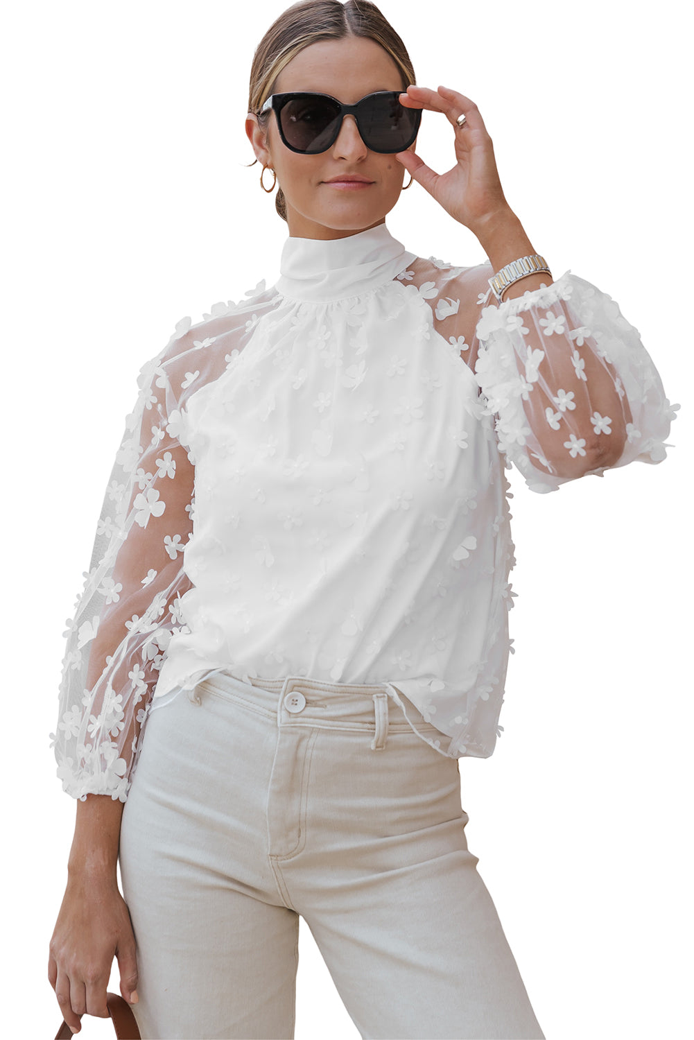 White Mock Neck Floral Mesh Long Sleeve Top-yoyobikini