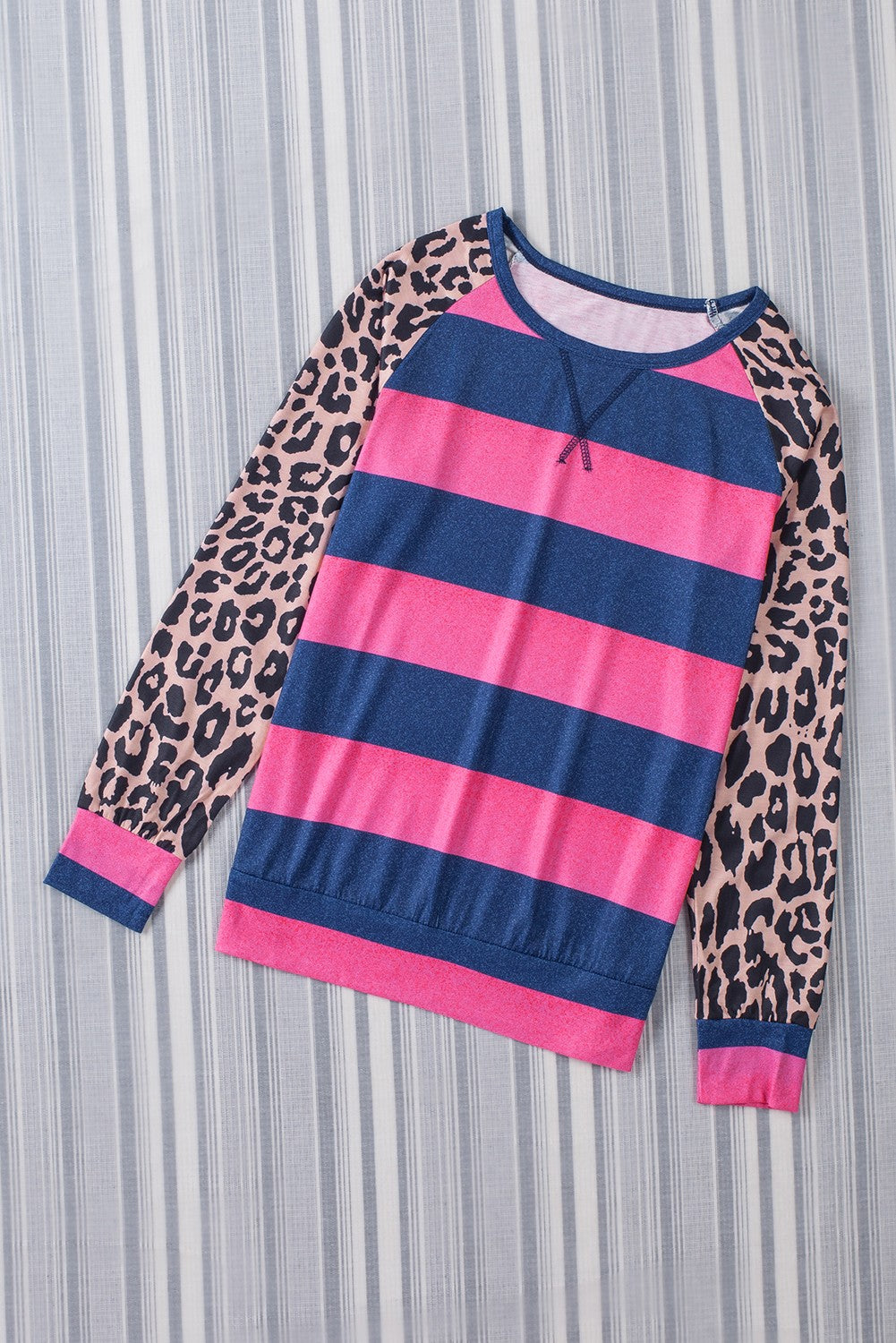 Rose Leopard Striped Patchwork Long Sleeve Top-yoyobikini