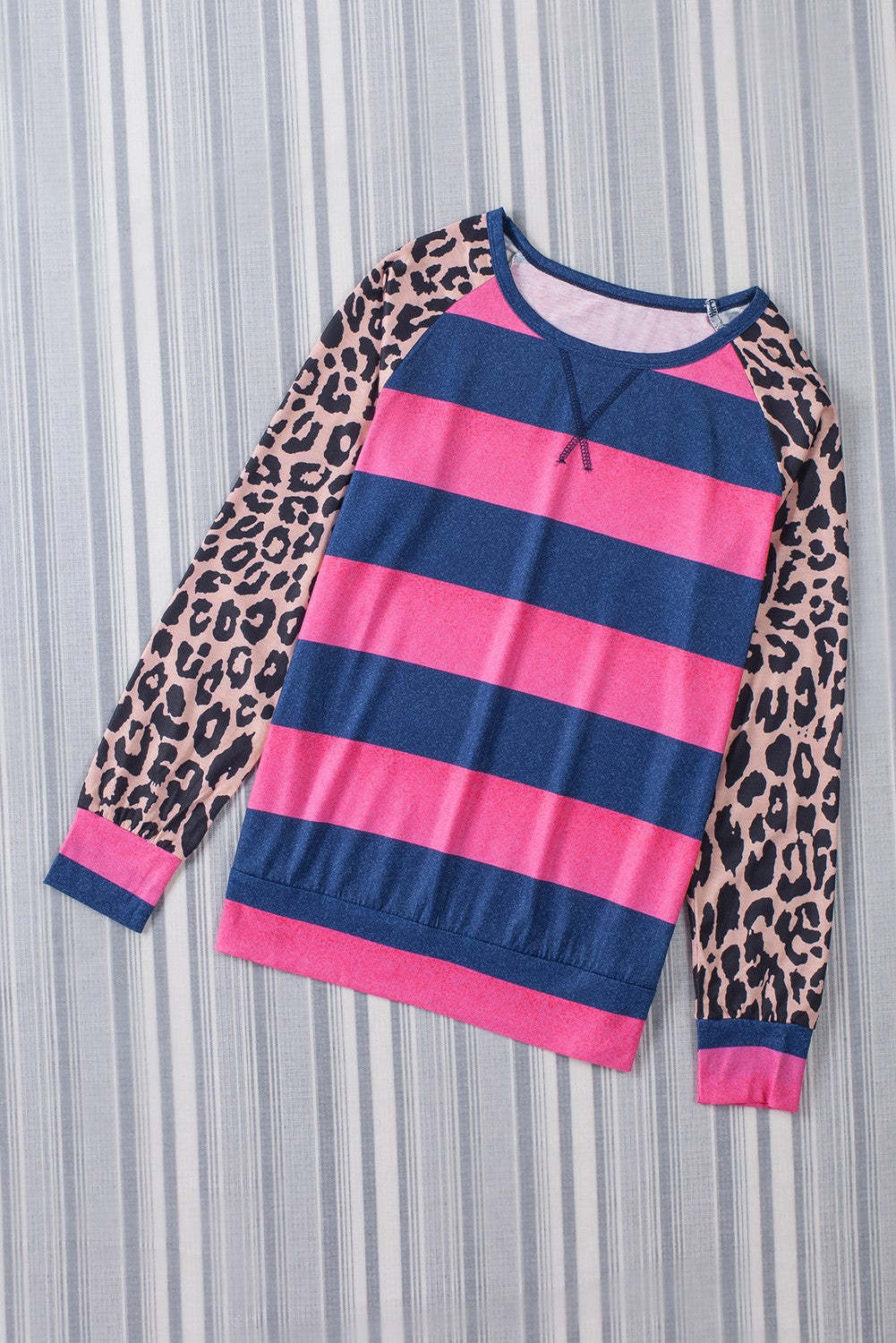 Rose Leopard Striped Patchwork Long Sleeve Top-yoyobikini