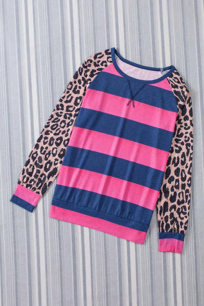 Rose Leopard Striped Patchwork Long Sleeve Top-yoyobikini