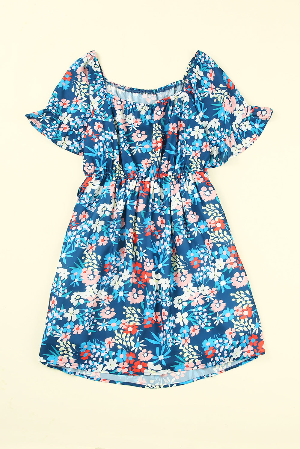 Blue Square Neck Ruffle Floral Dress-yoyobikini
